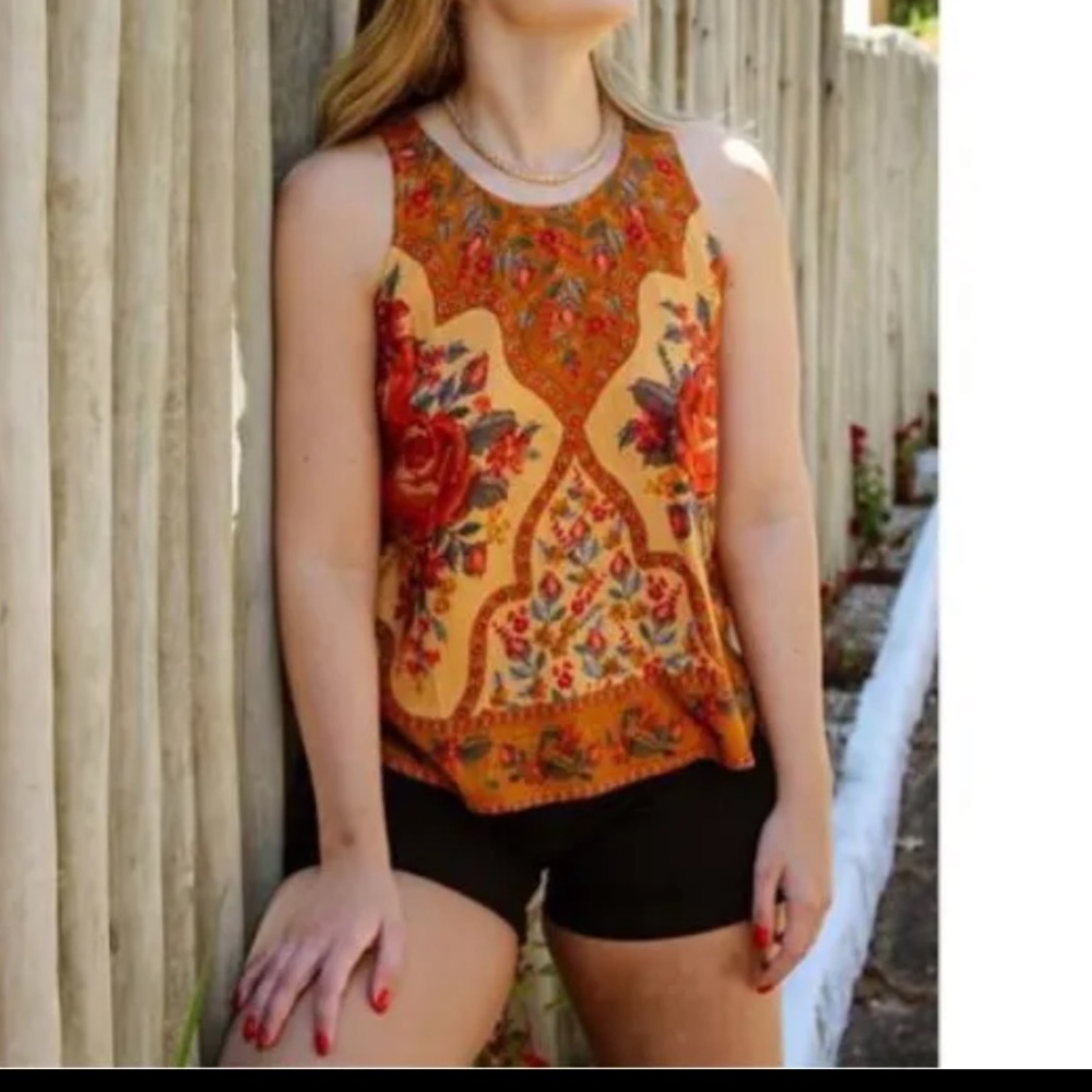 Farm Rio Orange needlepoin5 Floral Print Sleeveless Blouse.